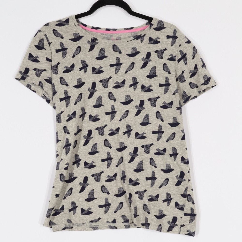 Boden Swallow Bird Print T-Shirt Women Large Grey Navy Blue Casual Novelty Twee